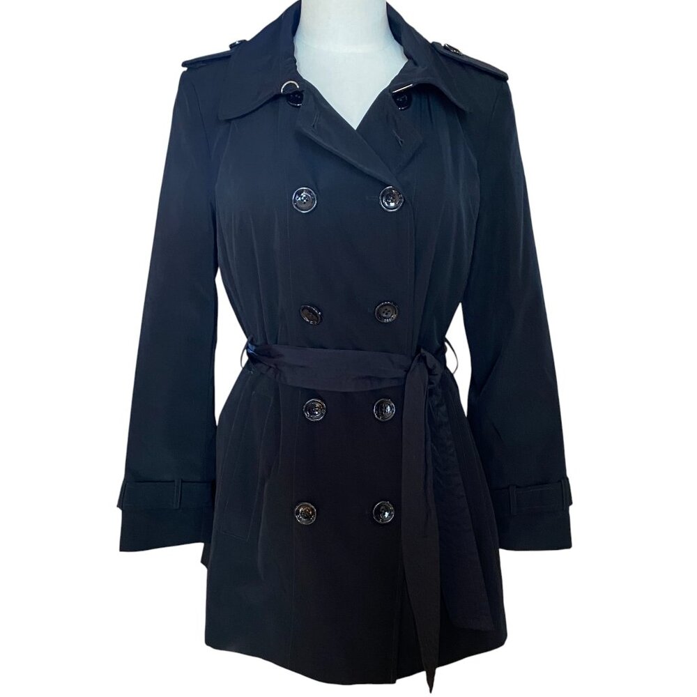 Calvin Klein Black Double Breasted Belt Trench Coat Minimalist Parisian Work-PM